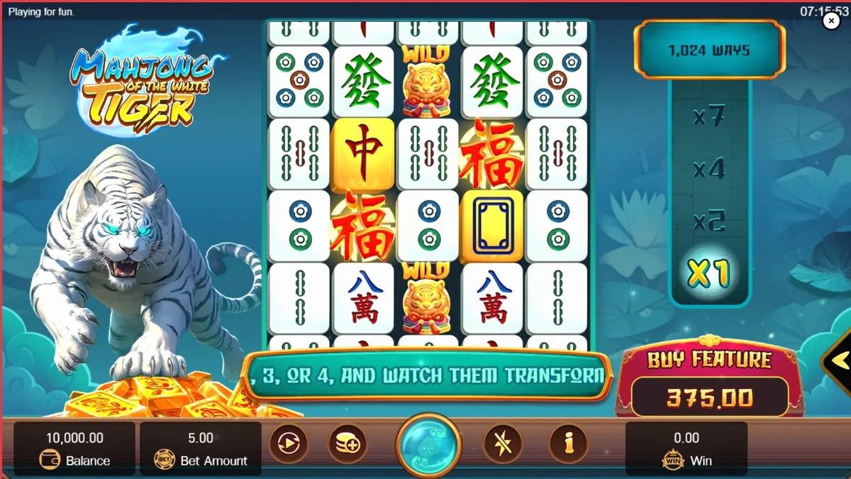 Tampilan visual slot Mahjong of the White Tiger dengan nuansa emas dan ubin Mahjong