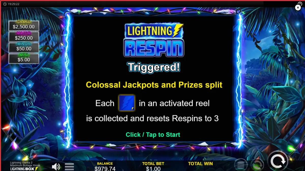 Lightning Gorilla 2 Xmas slot gameplay featuring festive jungle theme